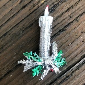 Candle Christmas Brooch Holly Enamel Brooch Holiday Silver Vintage Pin Red Green